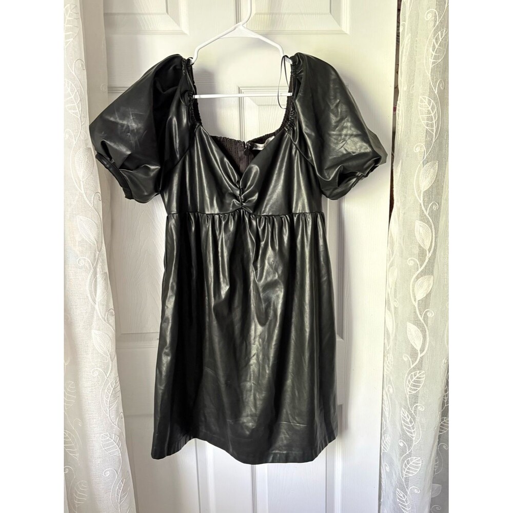 The Impeccable Pig Black Faux Leather Puff-Sleeve babydoll Mini Dress size M